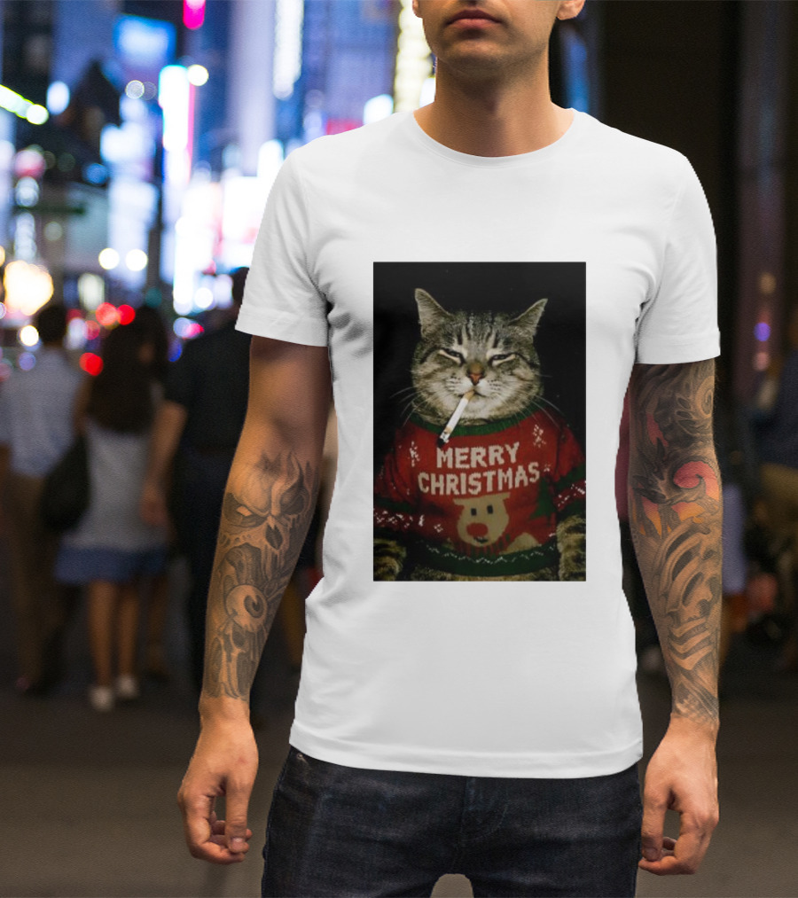 Merry Christmas Cat Smoking In Ugly Holiday Sweater With Reindeer T-Shirt