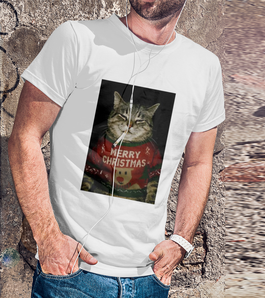 Merry Christmas Cat Smoking In Ugly Holiday Sweater With Reindeer T-Shirt