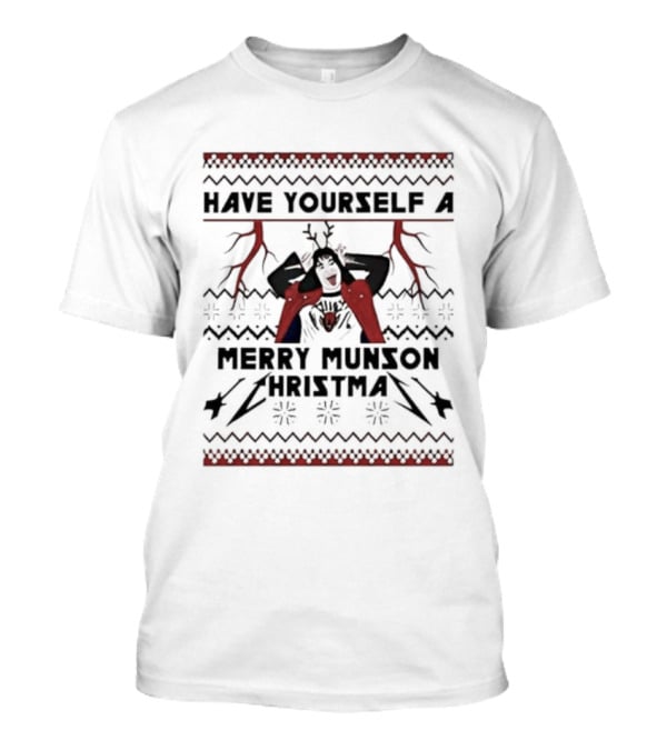 Eddie Munson Merry Munson Christmas Holiday Skeleton Red Lightning T-Shirt