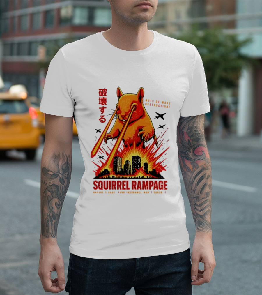 Squirrel Rampage Laser Eyes Skyline Destruction Nuts Of Mass Destruction T-Shirt