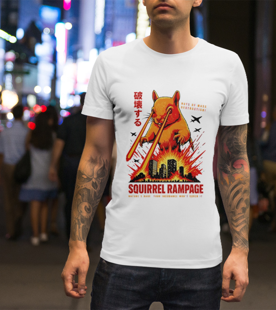 Squirrel Rampage Laser Eyes Skyline Destruction Nuts Of Mass Destruction T-Shirt