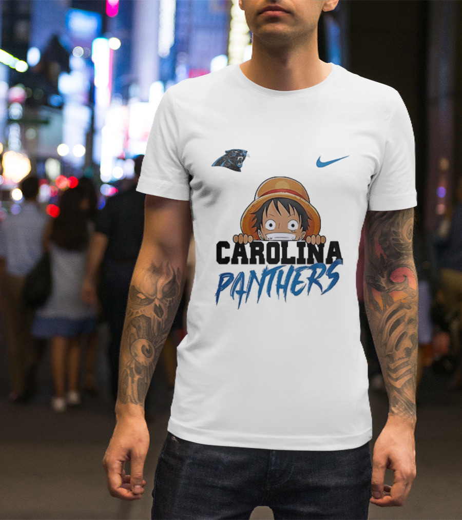 Carolina Panthers One Piece Monkey D Luffy Nike Collaboration T-Shirt