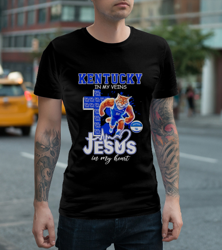 Kentucky Wildcats In My Veins Jesus In My Heart Wildcat Cross T-Shirt