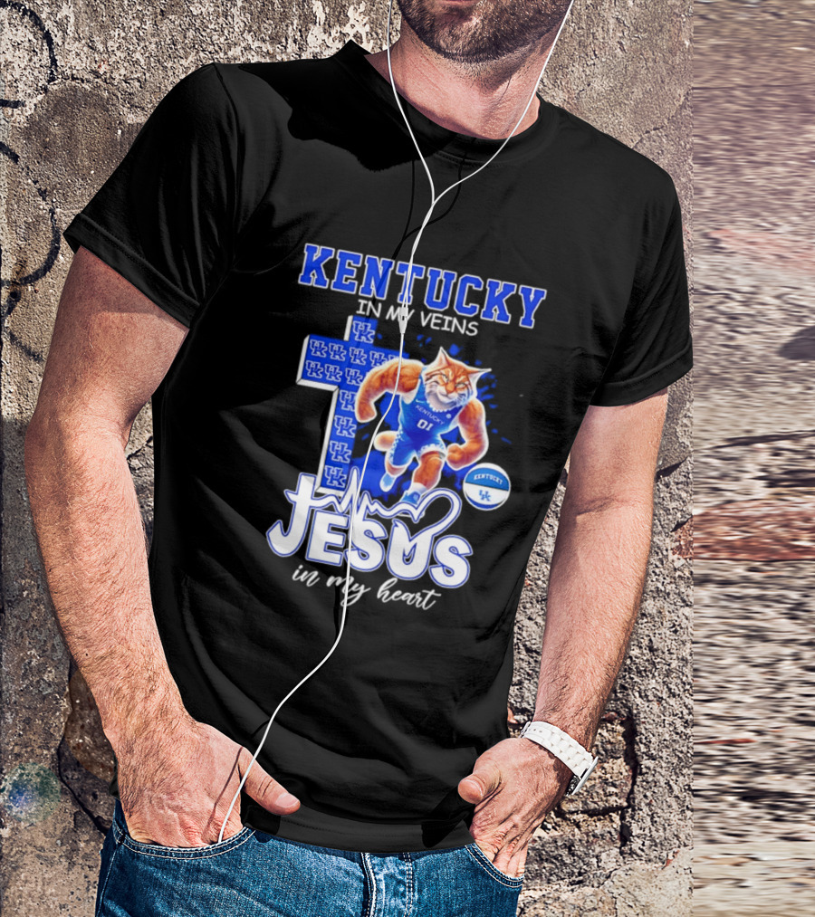 Kentucky Wildcats In My Veins Jesus In My Heart Wildcat Cross T-Shirt