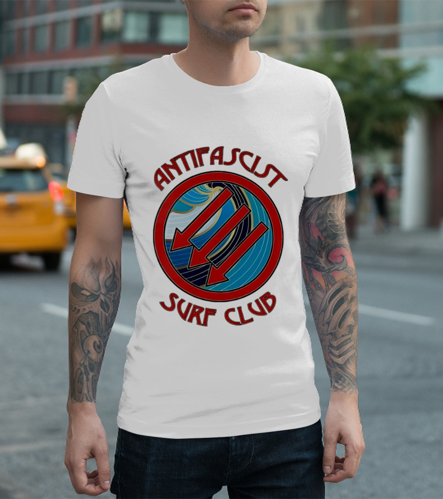 Antifascist Surf Club Three Red Arrows Circular Ocean Wave T-Shirt
