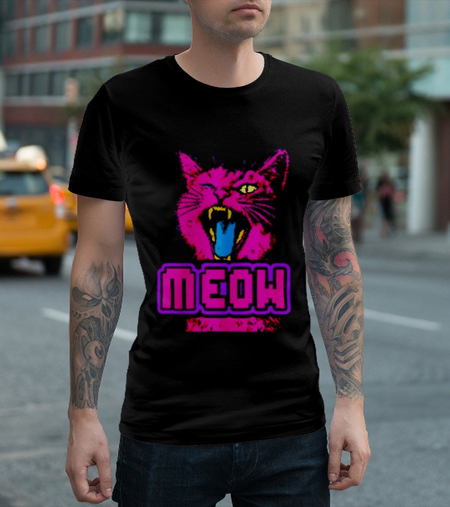 Neon Pink Angry Cat MEOW Cyberpunk Aesthetic Retro Futuristic T-Shirt