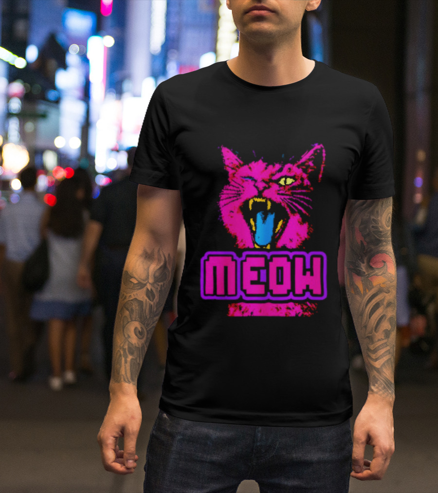 Neon Pink Angry Cat MEOW Cyberpunk Aesthetic Retro Futuristic T-Shirt