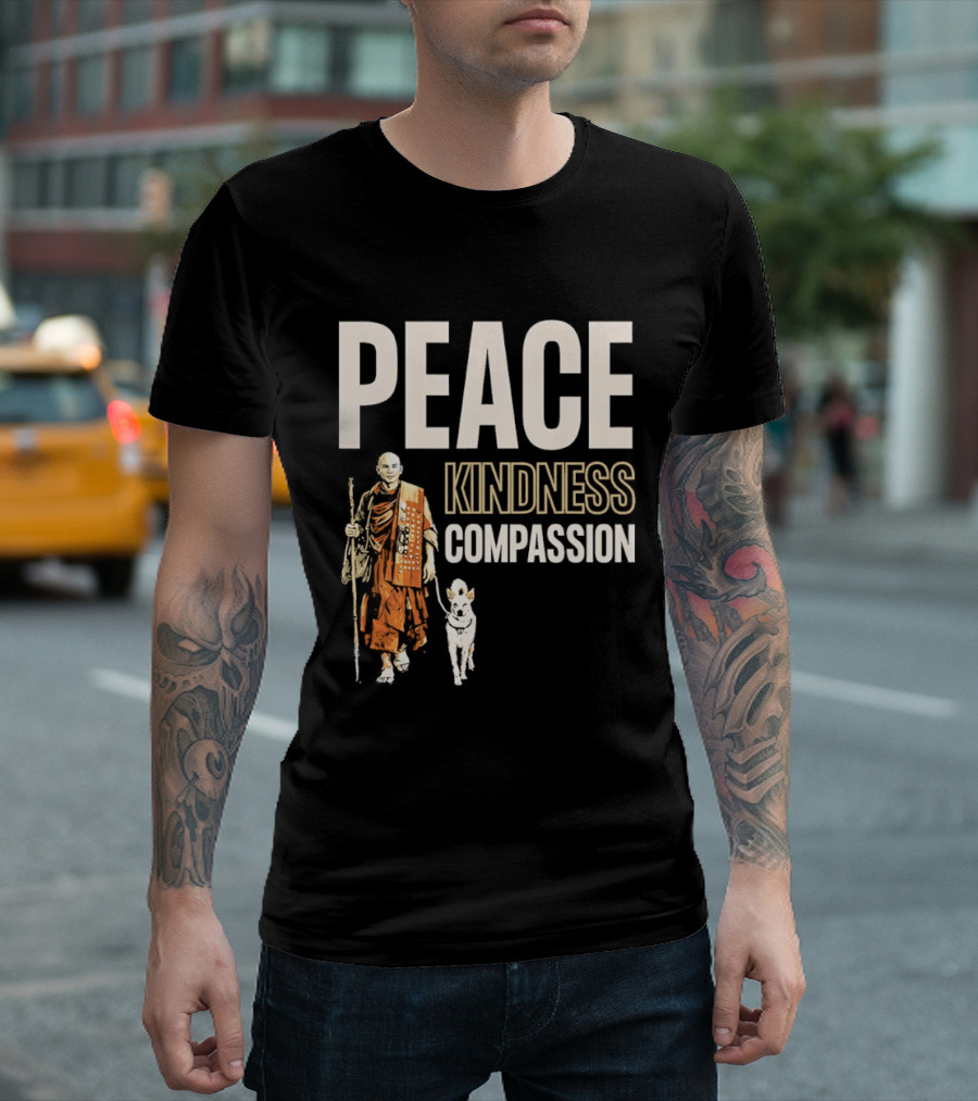 Peace Kindness Compassion Monk And Aloka Dog Walking For Peace T-Shirt