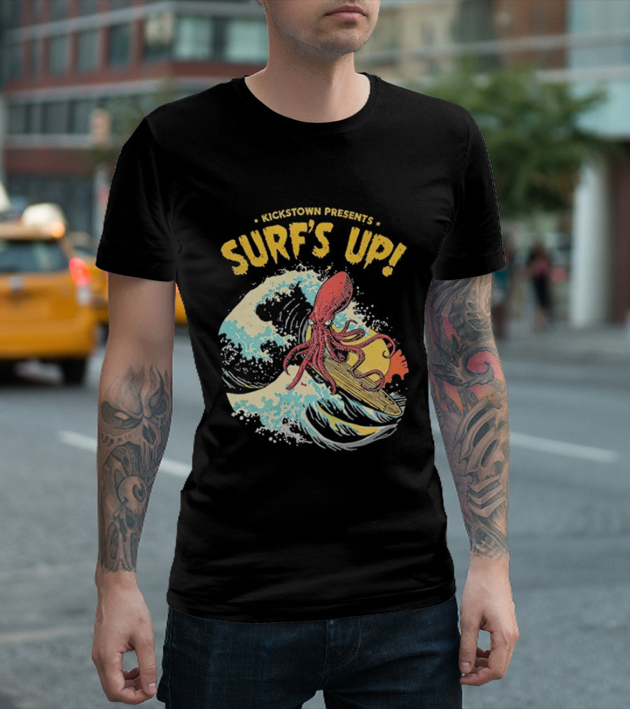 Kickstown Presents Surf's Up Octopus Riding Wave T-Shirt