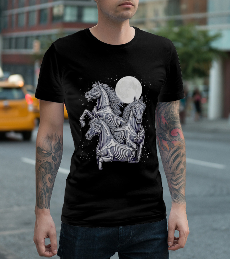 Three Horse Moon Día De Los Muertos Skeleton Horse T-Shirt