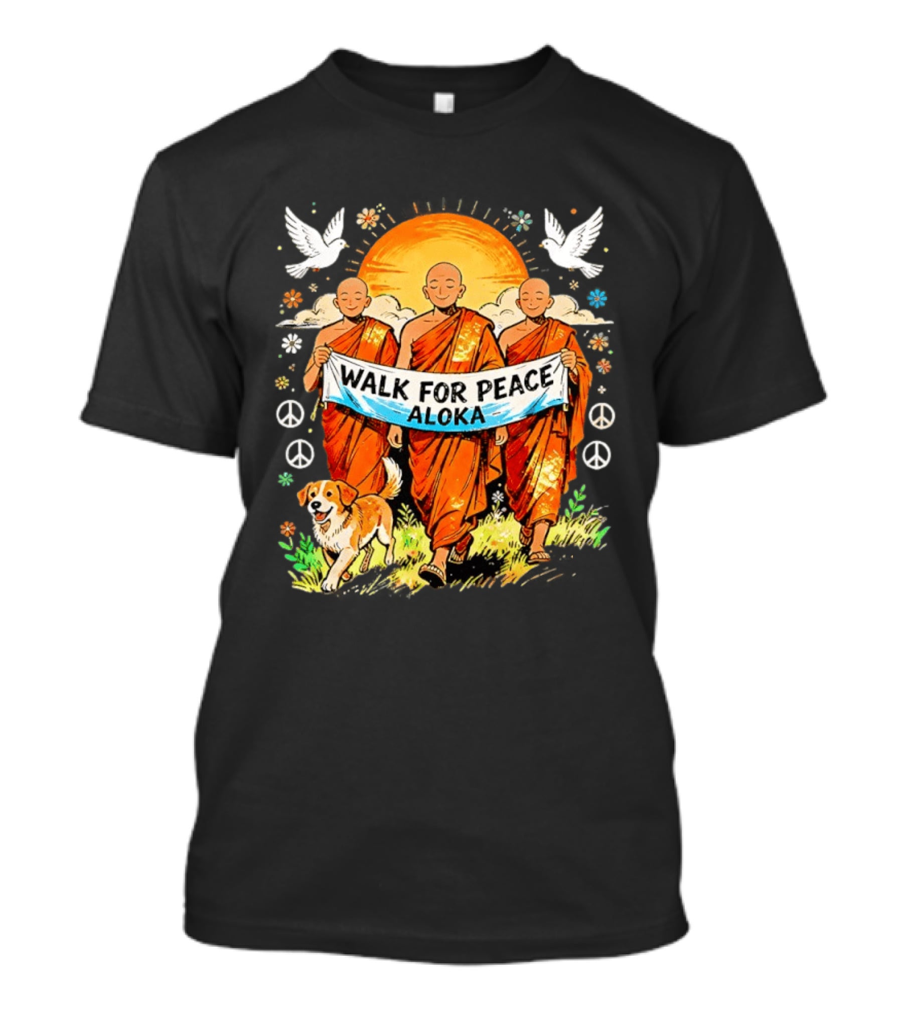 Walk For Peace Aloka Buddhist Monk With Spiritual Dog And Doves T-Shirt