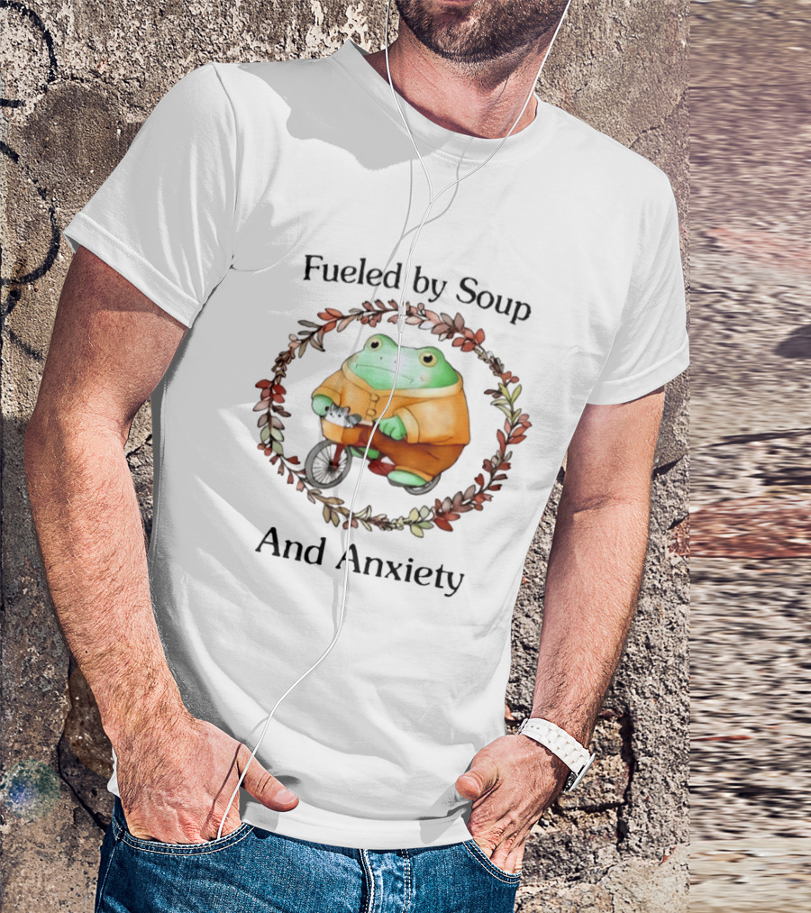 Fueled By Soup Frog Riding Scooter With Cat Surrounded By Autumn Leaves And Anxiety T-Shirt