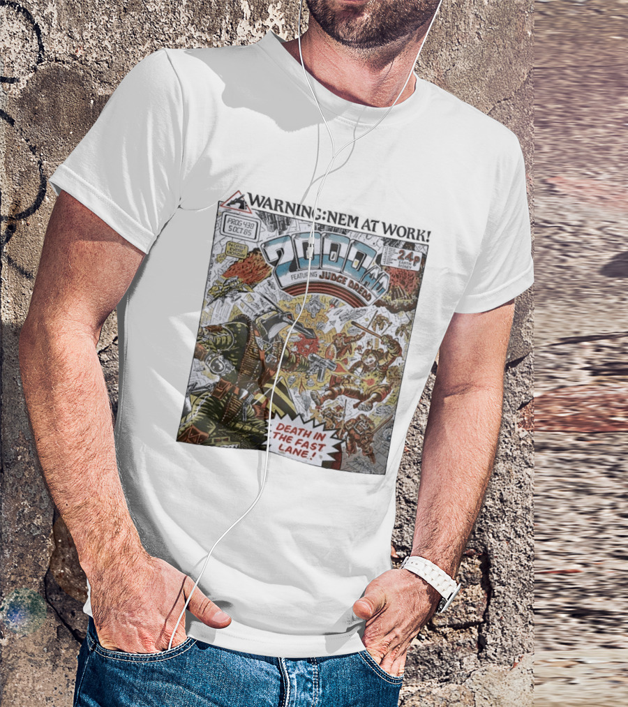 2000 AD Featuring Judge Dredd Death In The Fast Lane Warning Nem At Work Prog 438 Oct 85 T-Shirt