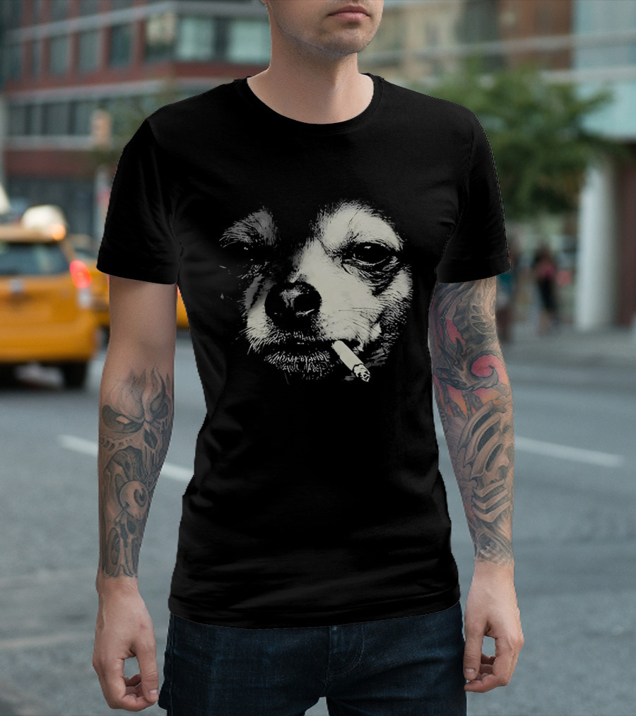 Chihuahua Smoking Cigarette Black And White T-Shirt