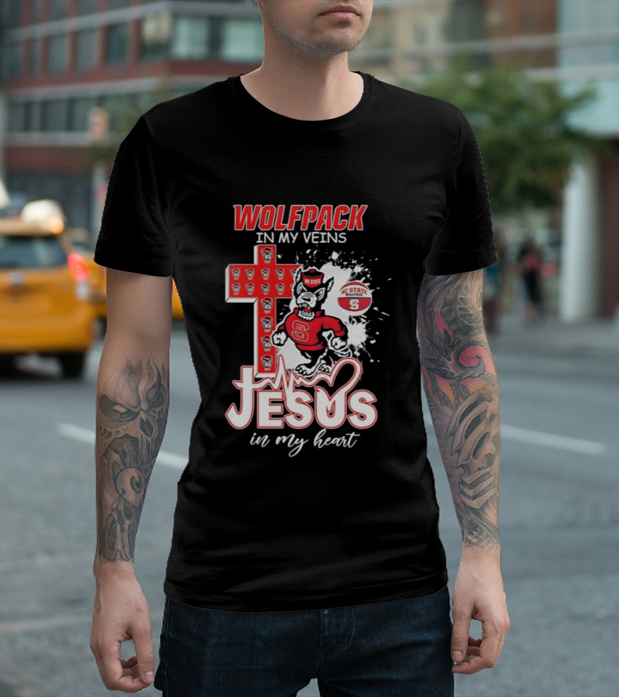 NC State Wolfpack In My Veins Jesus In My Heart Faithful Cross T-Shirt