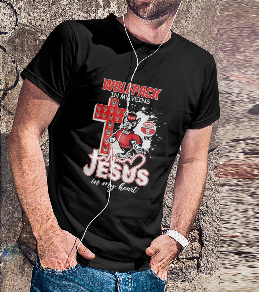 NC State Wolfpack In My Veins Jesus In My Heart Faithful Cross T-Shirt