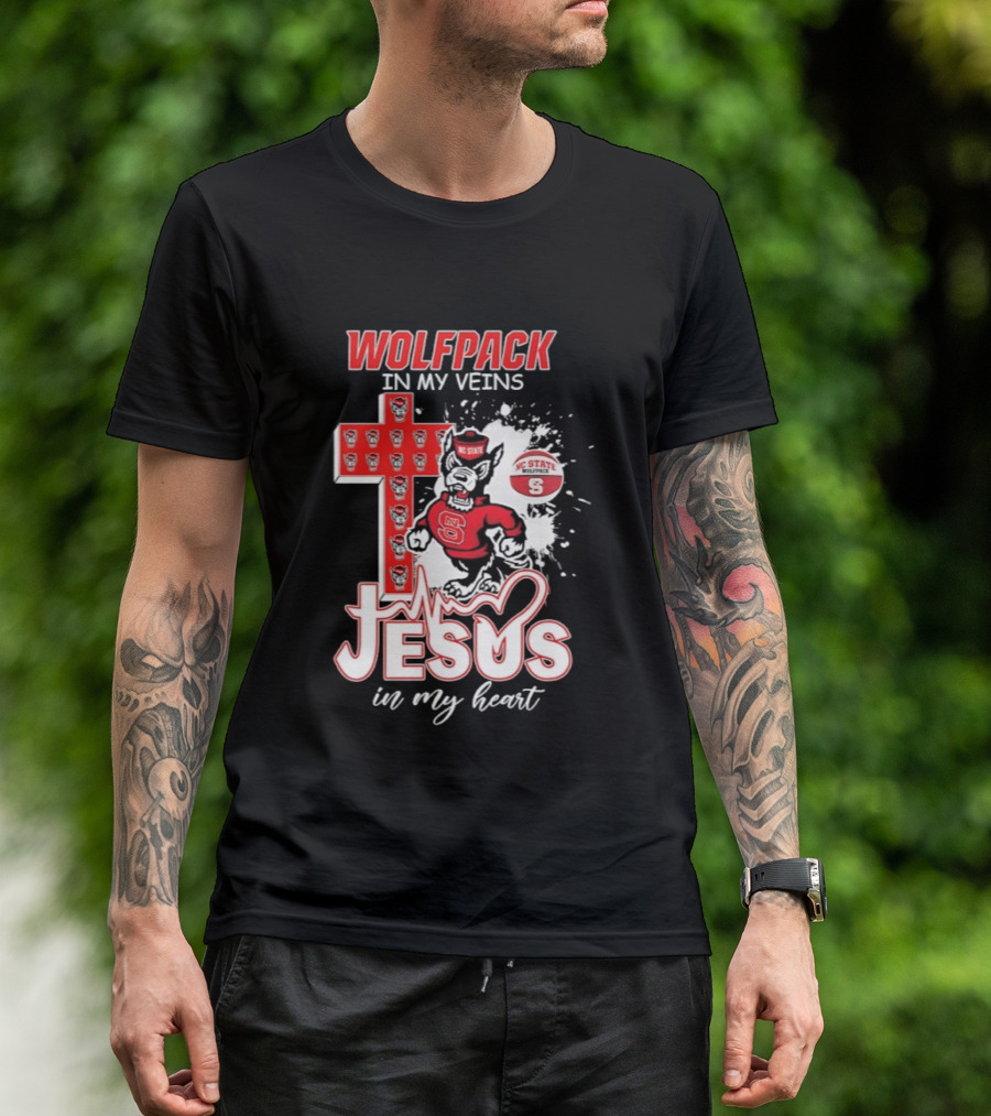 NC State Wolfpack In My Veins Jesus In My Heart Faithful Cross T-Shirt