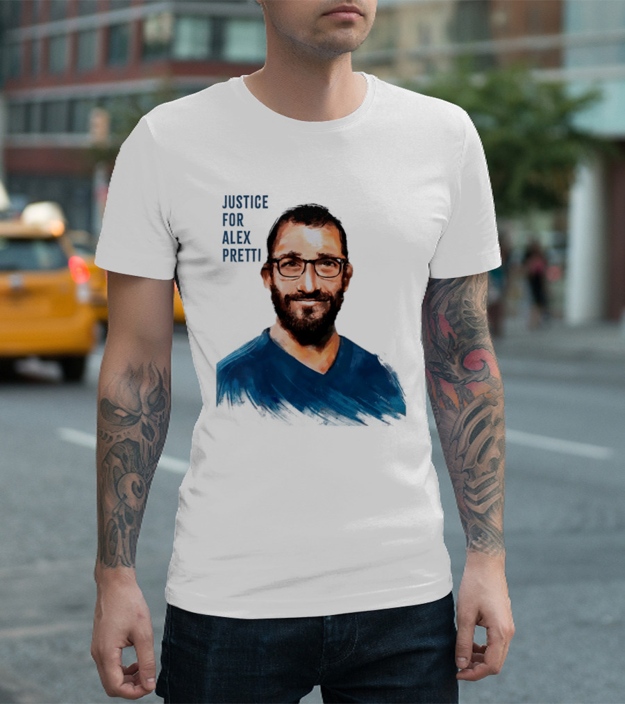 Justice For Alex Pretti Painting Portrait With Glasses And Blue T-Shirt