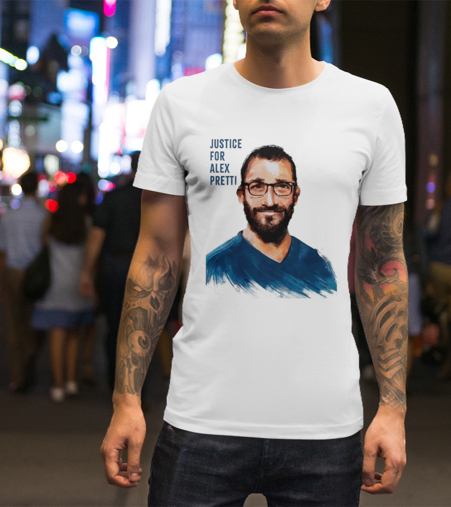 Justice For Alex Pretti Painting Portrait With Glasses And Blue T-Shirt