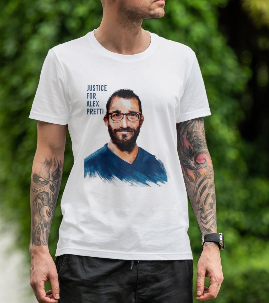 Justice For Alex Pretti Painting Portrait With Glasses And Blue T-Shirt