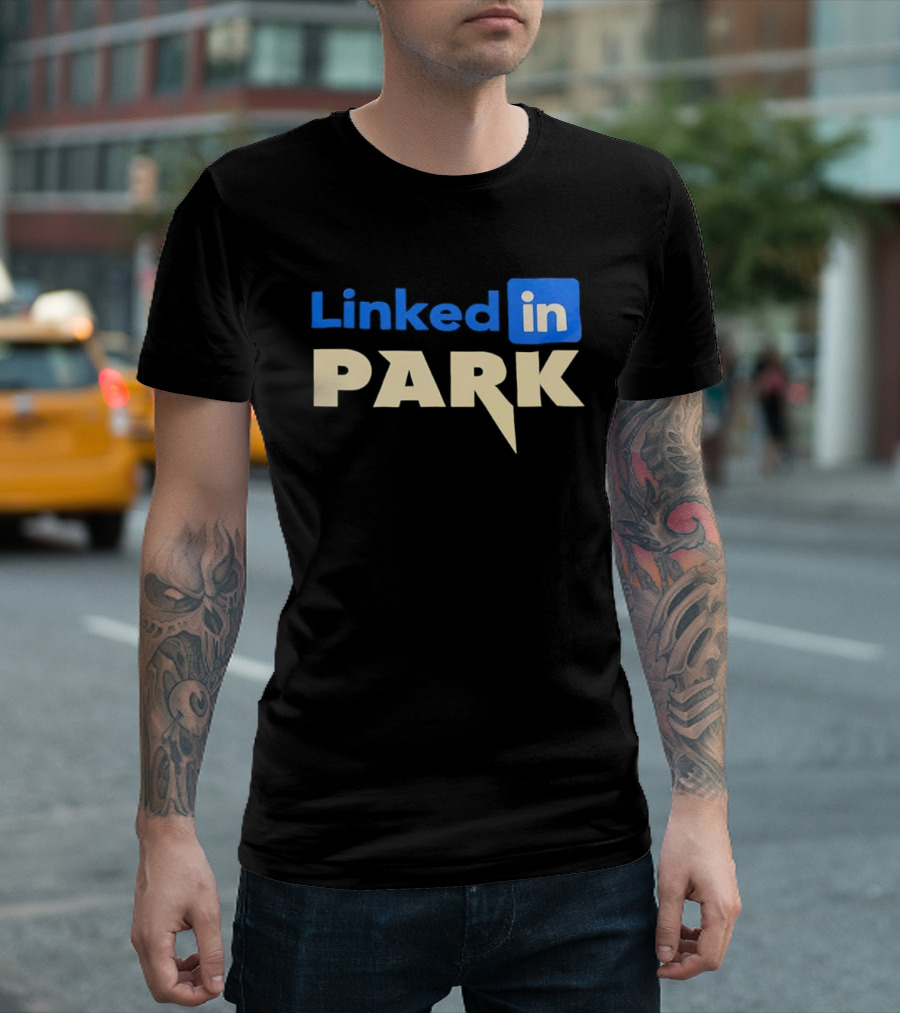 Linked In Park Blocky Font Text In Blue And Beige T-Shirt