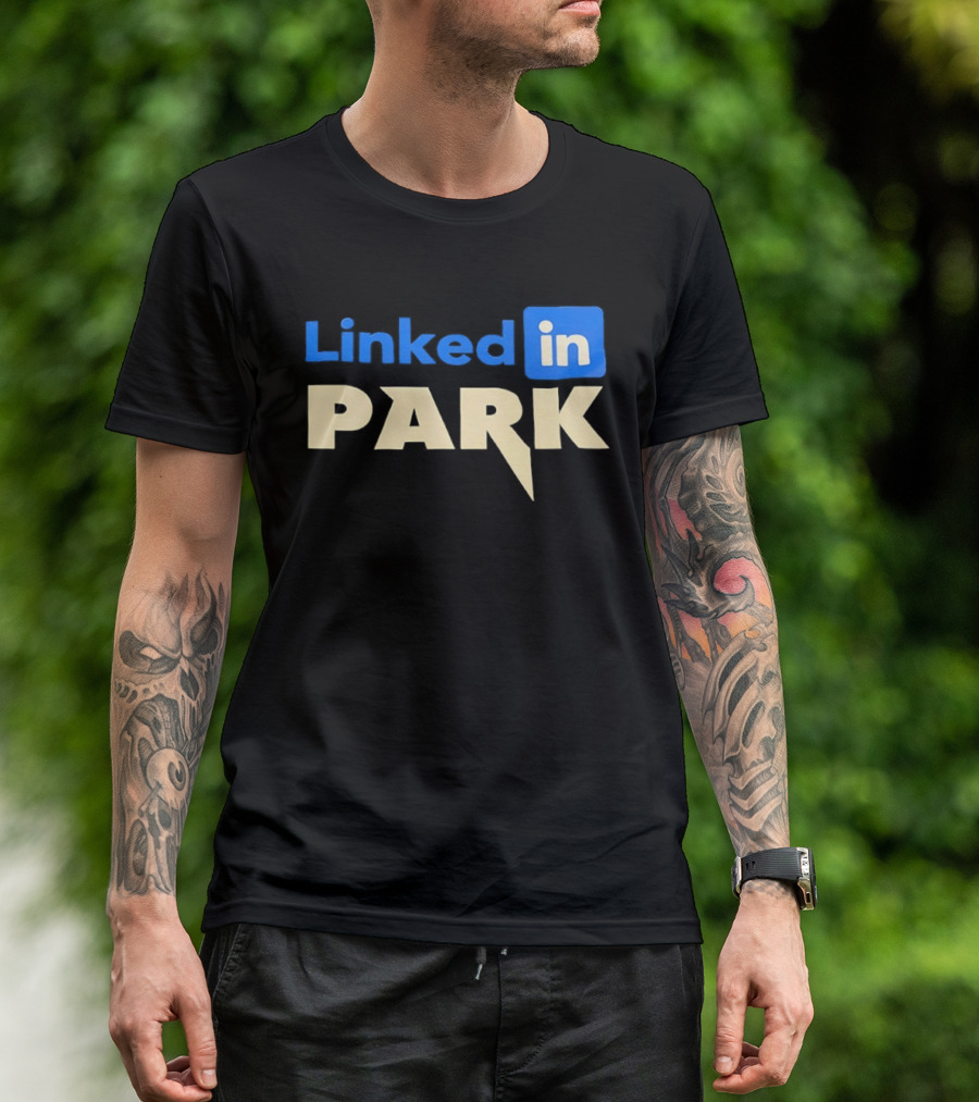 Linked In Park Blocky Font Text In Blue And Beige T-Shirt