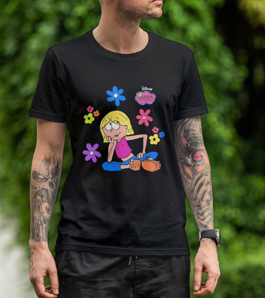 Lizzie McGuire Cartoon Colorful Flowers And Character Sitting Clipart T-Shirt