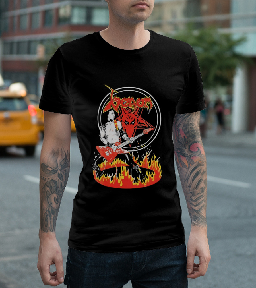 Venom Red Demon Guitarist Flaming Circle T-Shirt