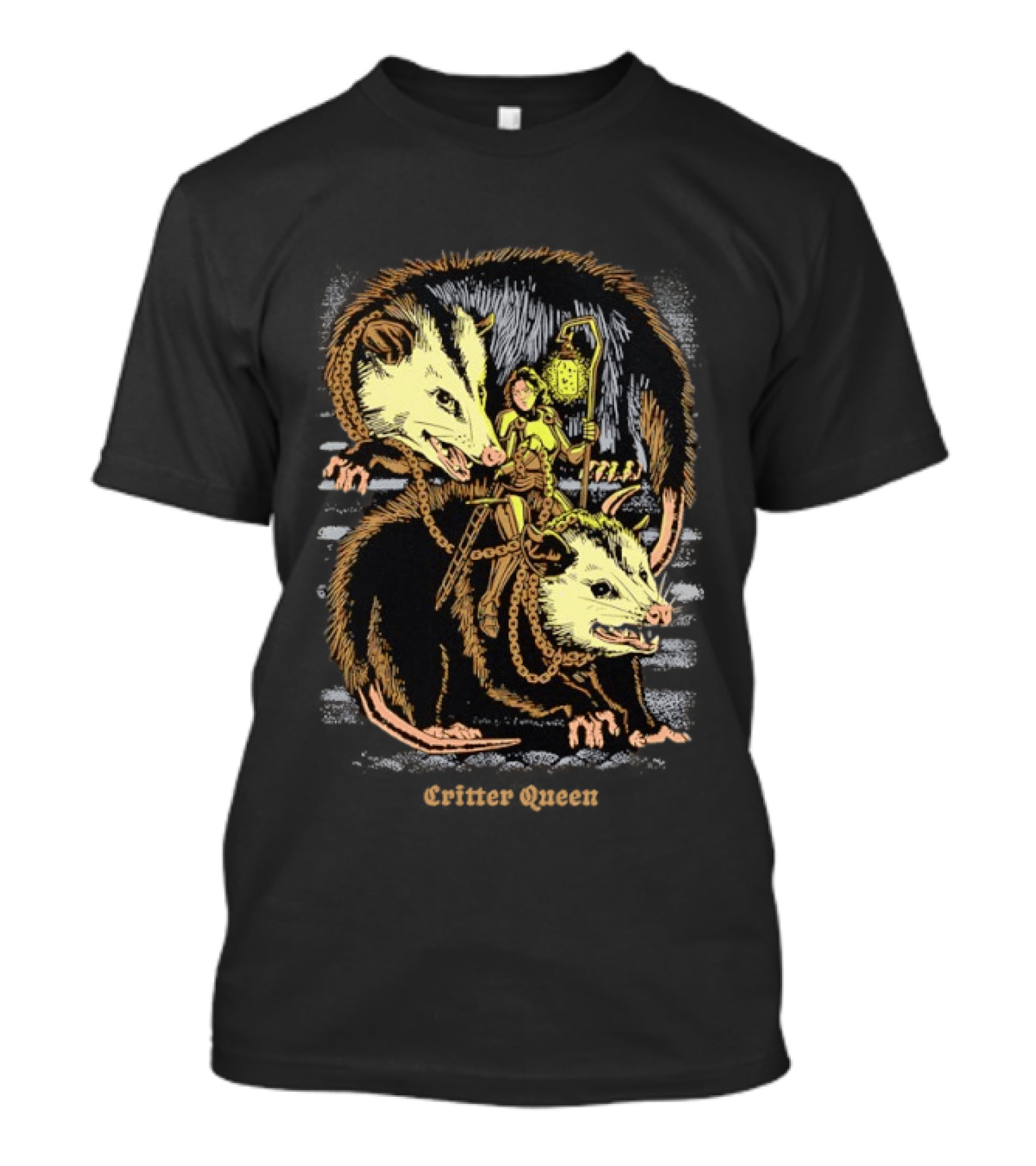 Women Riding Opossum Critter With Lantern And Chains T-Shirt
