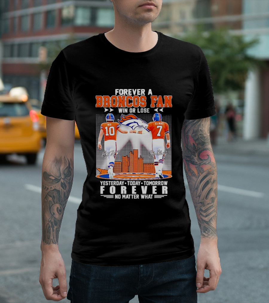 Forever A Broncos Fan Bo Nix John Elway City Skyline T-Shirt