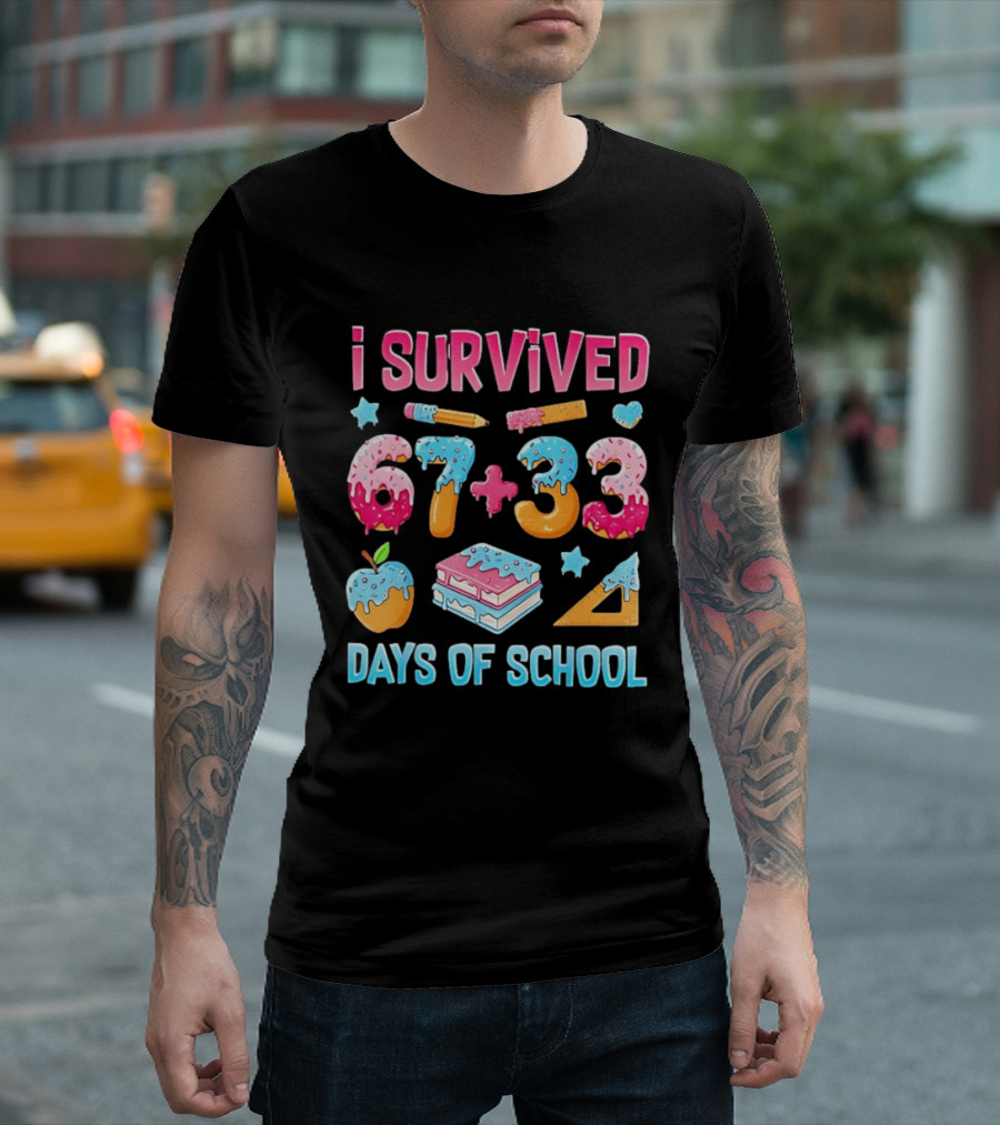 I Survived 67 Plus 33 Days Of School Apple Book Donut Melting T-Shirt
