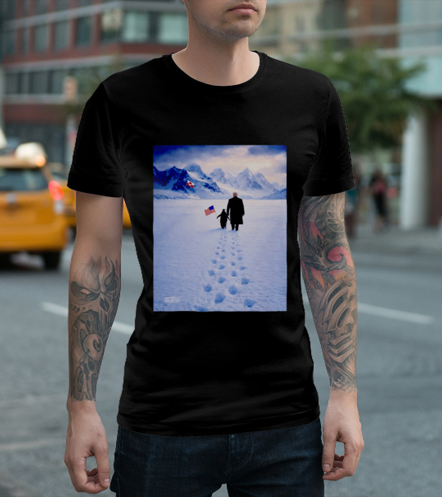 The White House Donald Trump Walking With Penguin American Canadian Flags Snowy Mountains T-Shirt