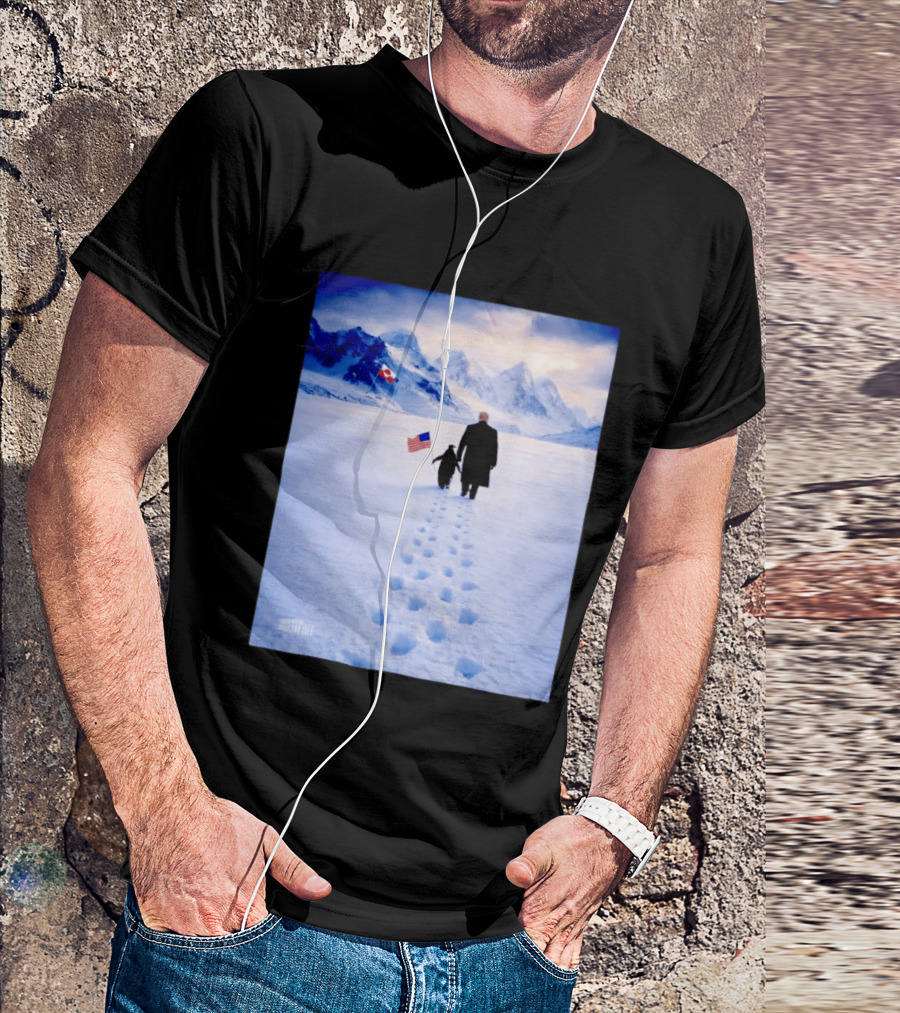 The White House Donald Trump Walking With Penguin American Canadian Flags Snowy Mountains T-Shirt