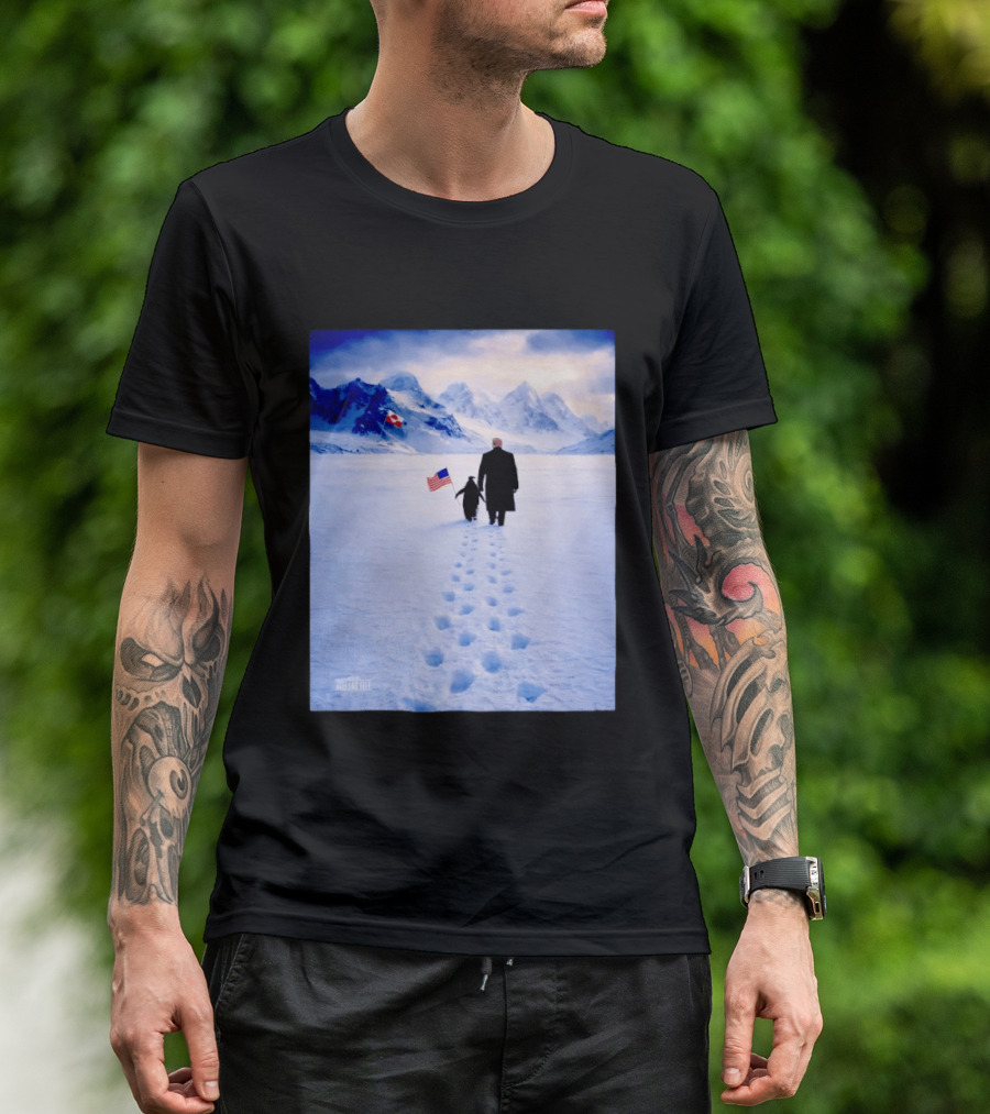 The White House Donald Trump Walking With Penguin American Canadian Flags Snowy Mountains T-Shirt