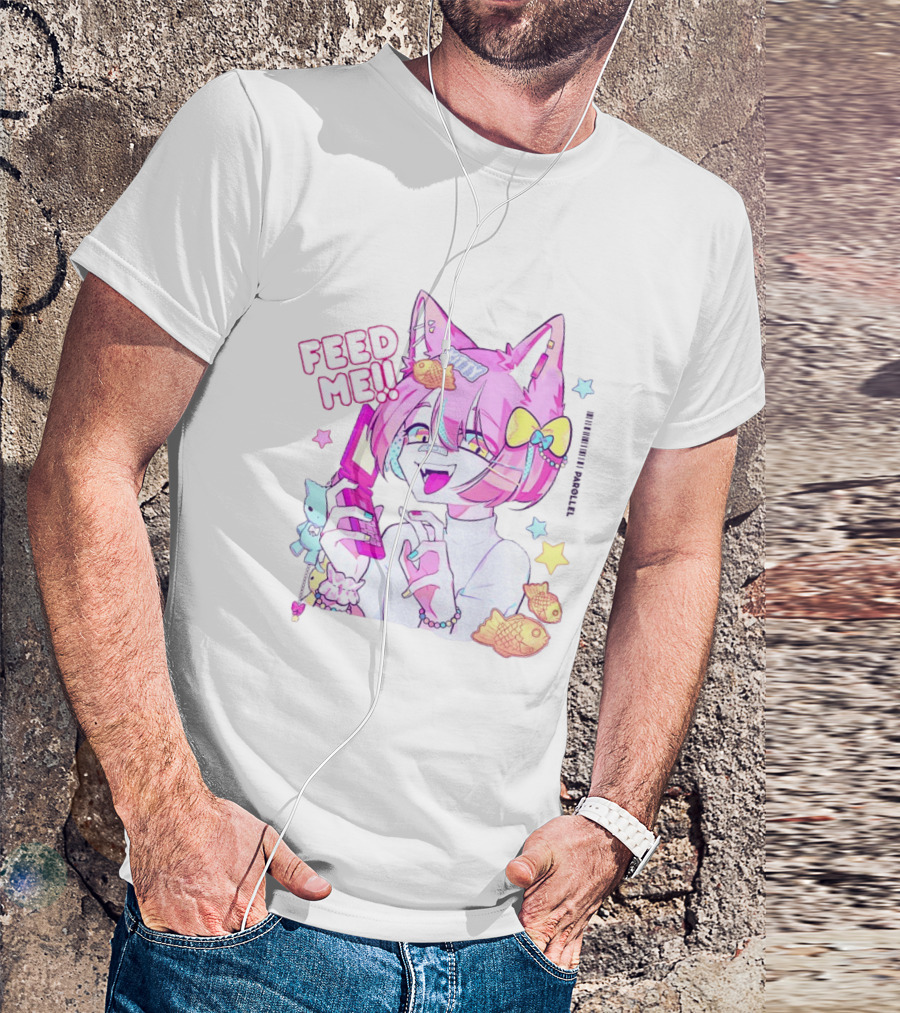 Anime Feed Me Pastel Kawaii Catgirl Eating Fish Cookies T-Shirt