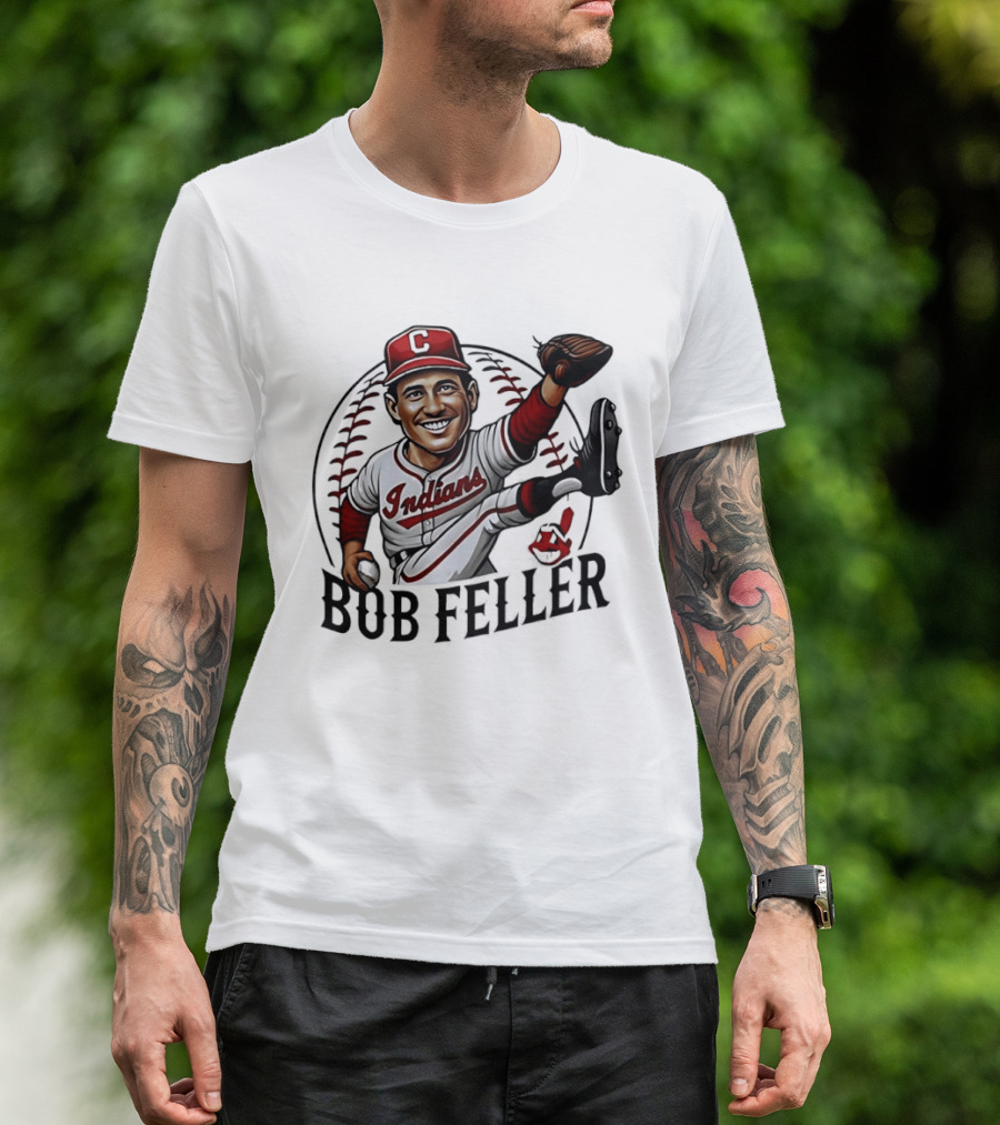 Bob Feller Cleveland Indians Baseball Pitcher Caricature T-Shirt