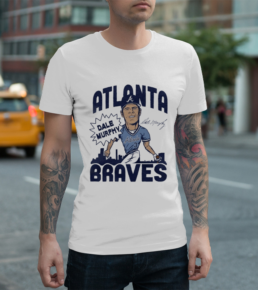 Atlanta Braves Dale Murphy Cartoon Autograph Skyline Baseball T-Shirt