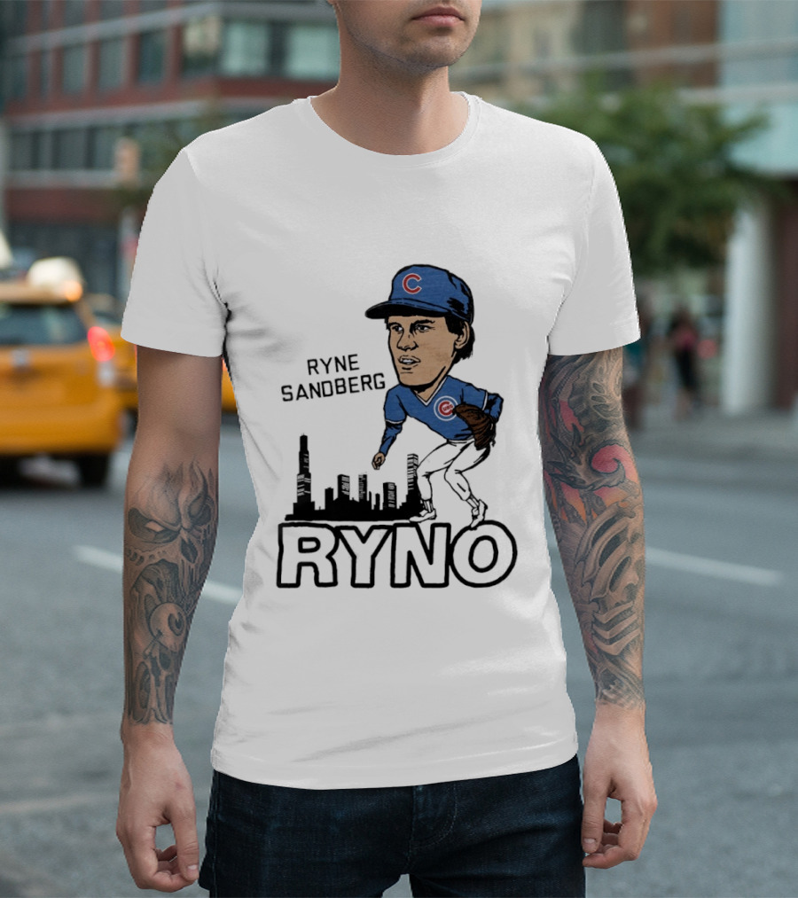 Ryne Sandberg Ryno Chicago Cubs Cartoon Skyline T-Shirt