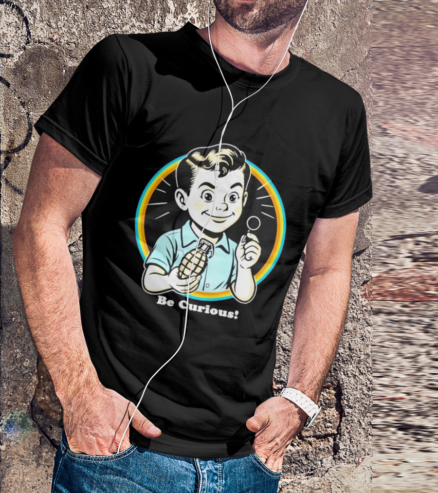 Be Curious Retro Comic Style Boy Holding Grenade And Pin T-Shirt