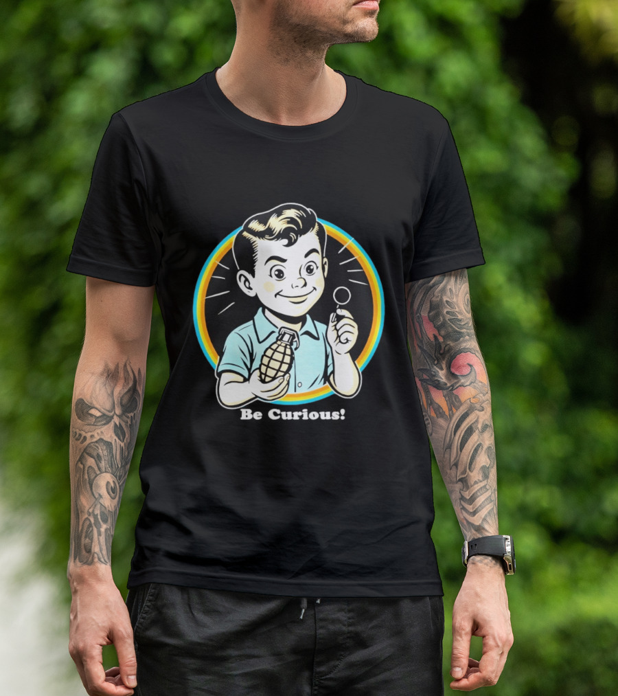 Be Curious Retro Comic Style Boy Holding Grenade And Pin T-Shirt