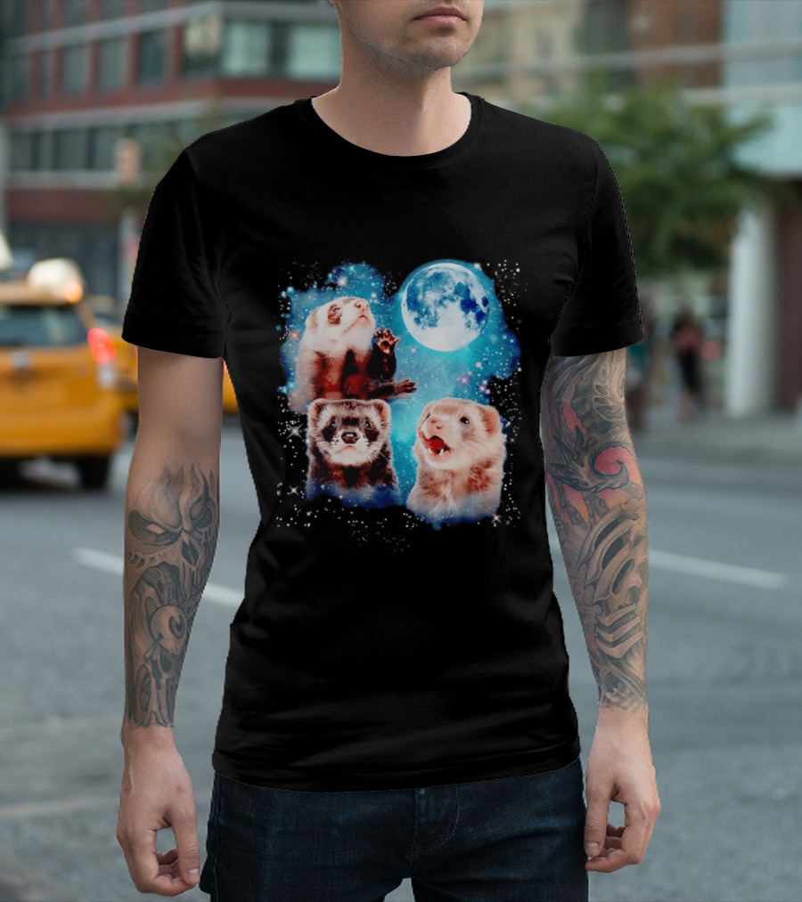 Ferret Trio With Full Moon And Starlit Sky T-Shirt