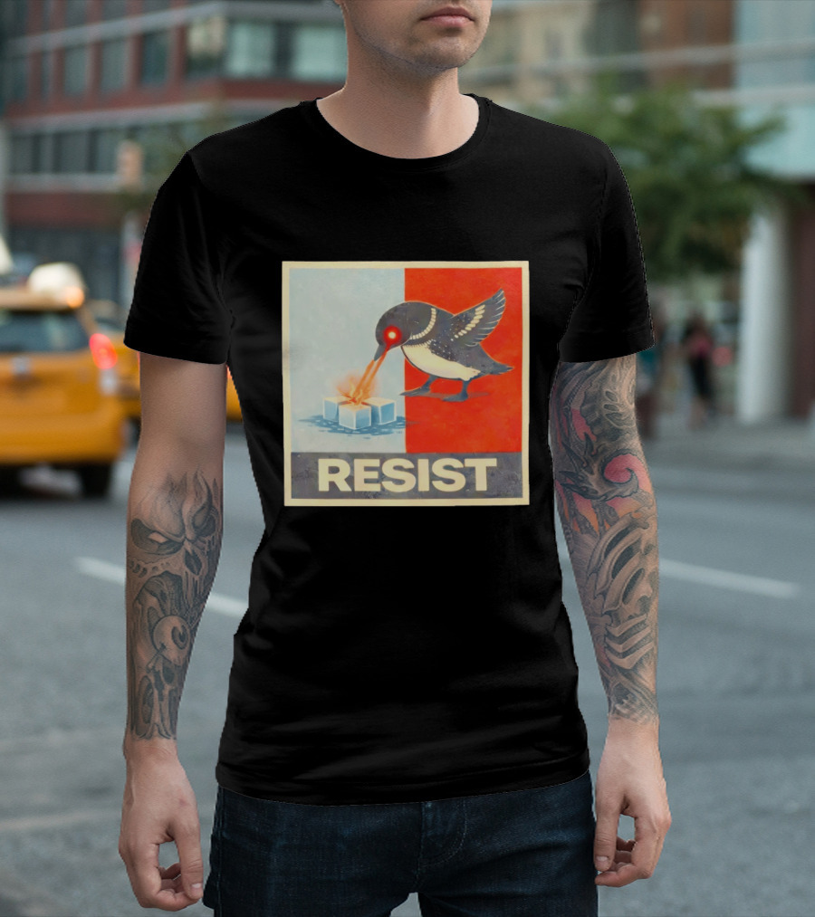 Resist Penguin Melting Ice Laser Eyes Red Blue Split T-Shirt