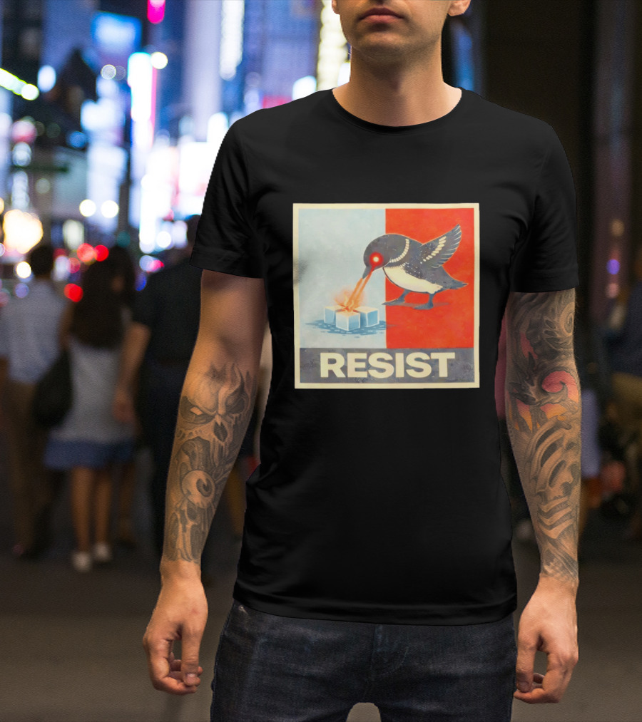 Resist Penguin Melting Ice Laser Eyes Red Blue Split T-Shirt