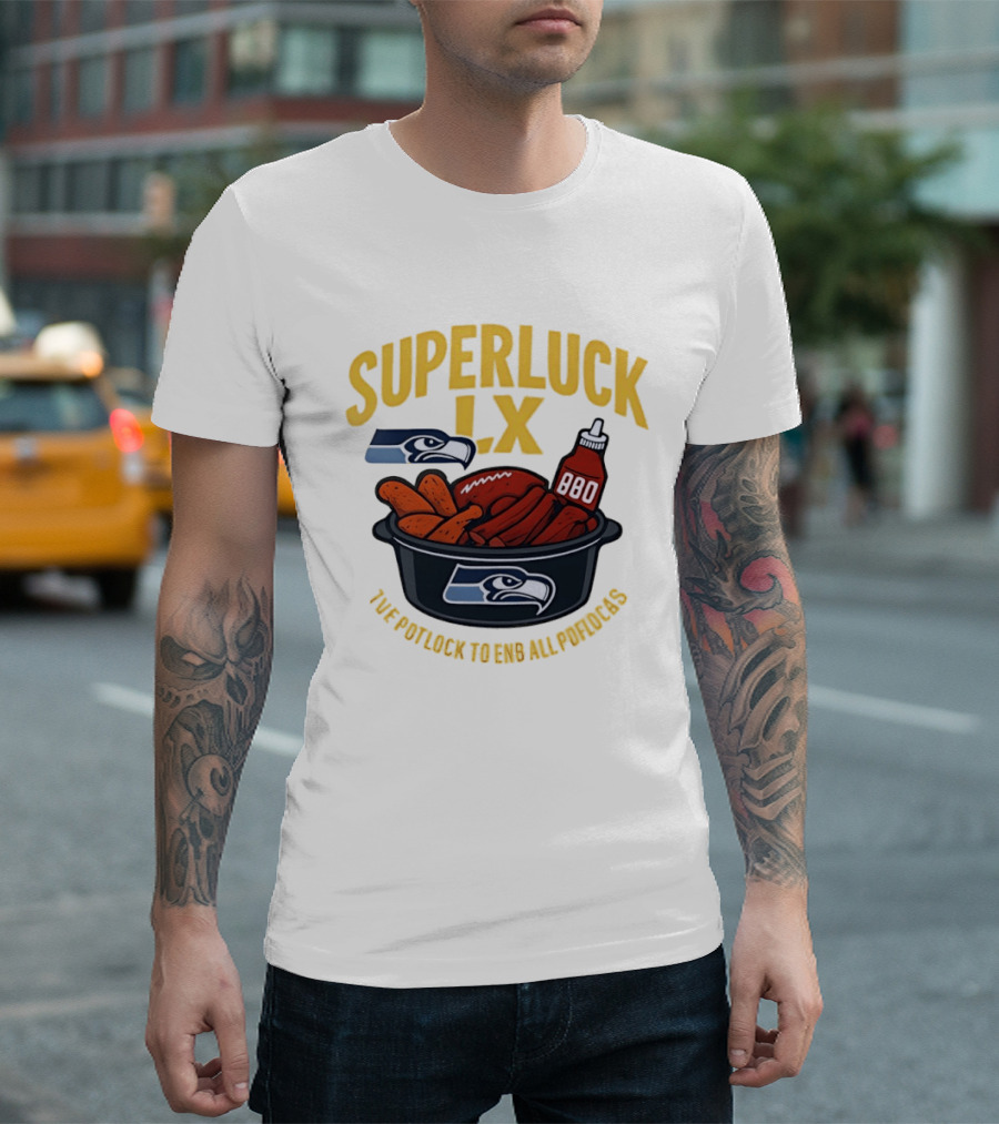 SuperLuck LX Seattle Seahawks Potluck BBQ Football T-Shirt