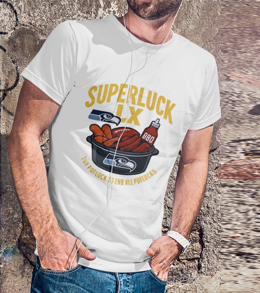 SuperLuck LX Seattle Seahawks Potluck BBQ Football T-Shirt