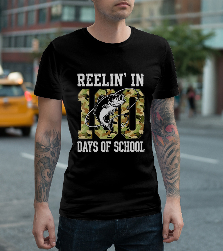 Reelin' In 100 Days Of School Bass Camo Fishing T-Shirt