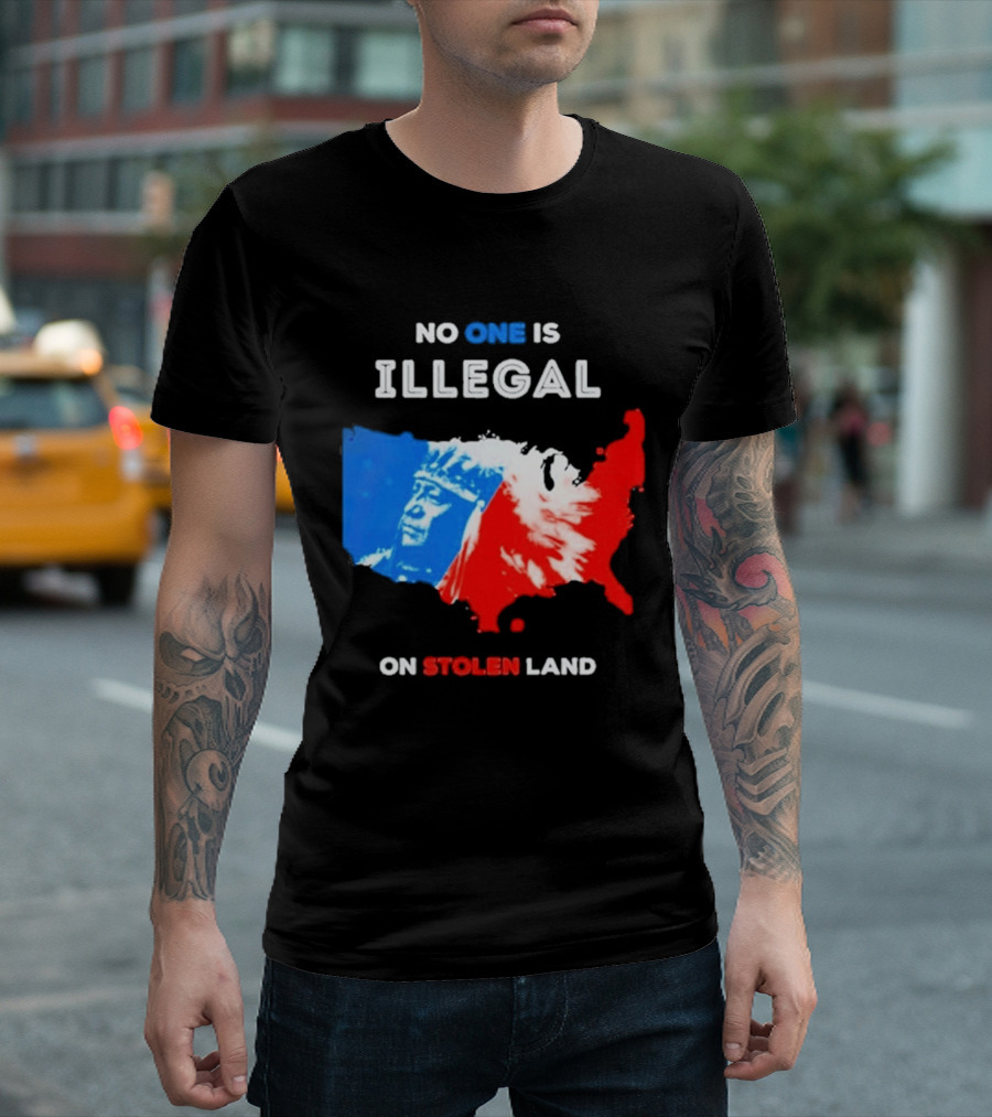 No One Is Illegal On Stolen Land Red Blue Map Indigenous American T-Shirt