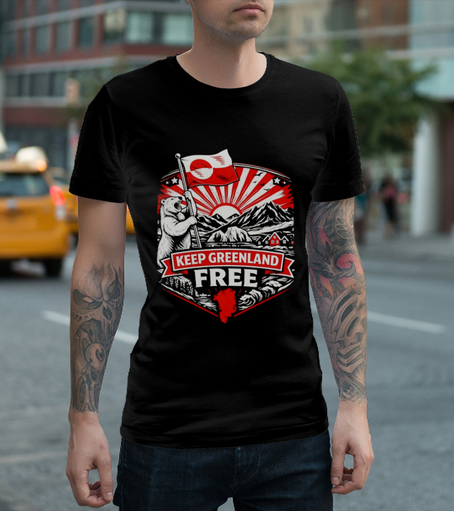 Polar Bear Holding Flag Keep Greenland Free Mountains And Sunburst T-Shirt