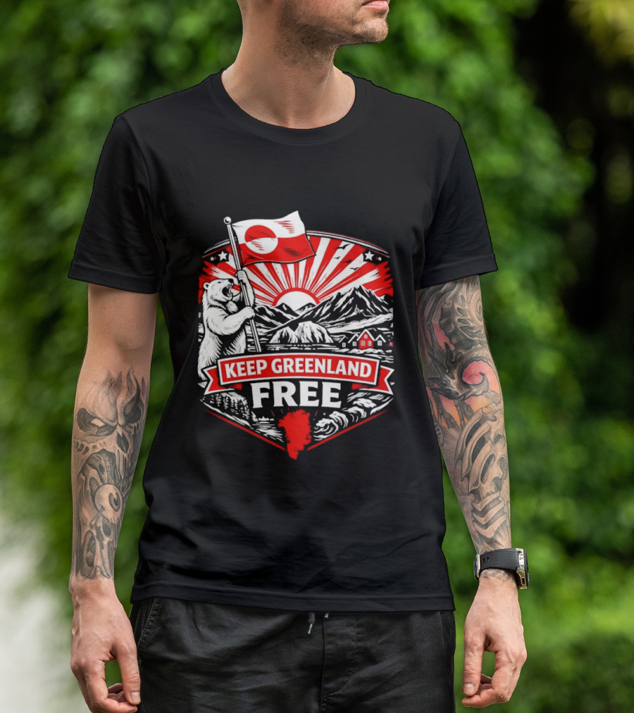Polar Bear Holding Flag Keep Greenland Free Mountains And Sunburst T-Shirt