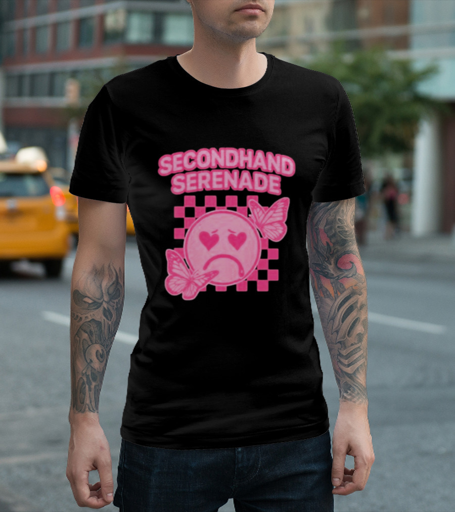Secondhand Serenade Sad Emo Pink Heartbroken Face With Butterflies T-Shirt
